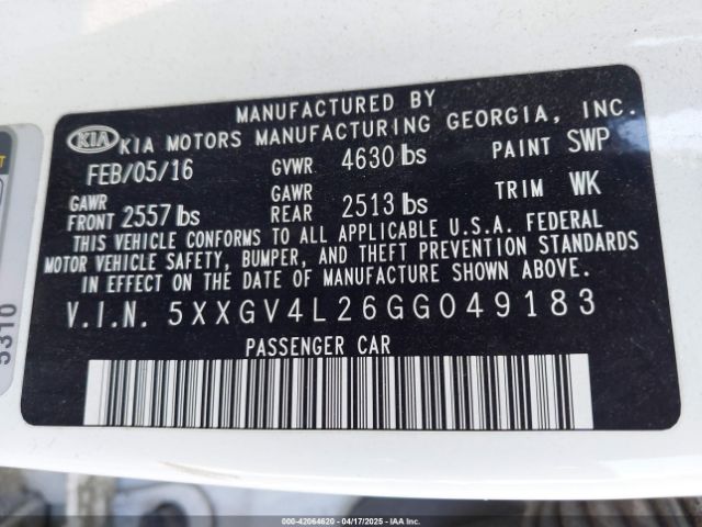 5XXGV4L26GG049183 KIA Optima Sxl Turbo