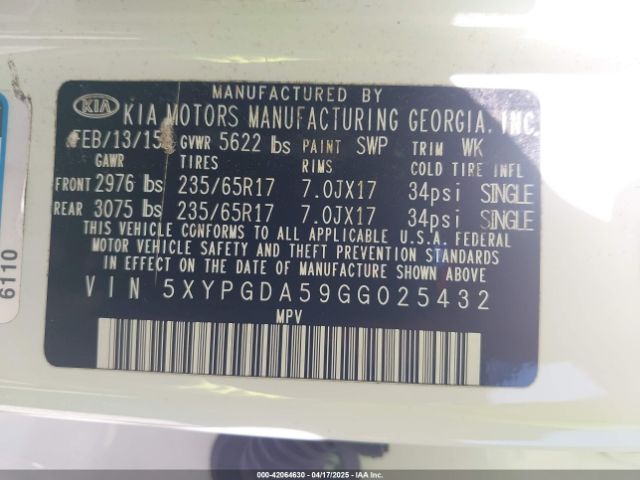 5XYPGDA59GG025432 KIA Sorento 3.3l Lx