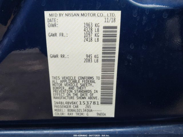 1N4BL4BV6KC153781 Nissan Altima 2.5 S