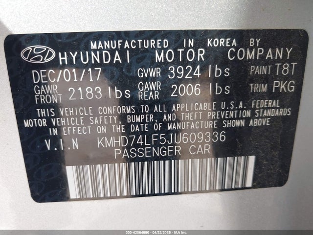 KMHD74LF5JU609336 Hyundai ELANTRA SE