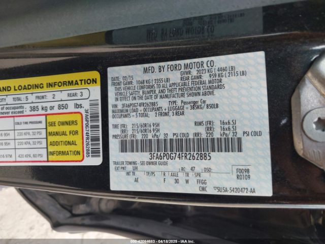 3FA6P0G74FR262885 Ford FUSION S