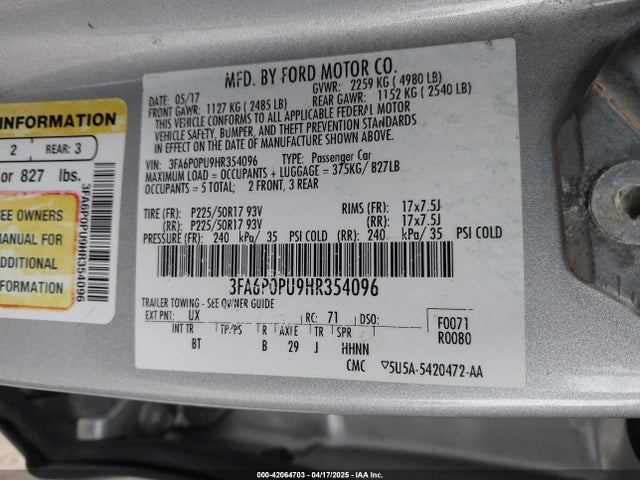 3FA6P0PU9HR354096 Ford Fusion Energi Se Luxury