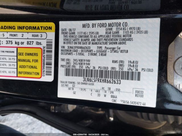 3LN6L5F9XHR662633 Lincoln Mkz Reserve