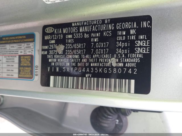 5XYPG4A35KG580742 KIA Sorento 2.4l L