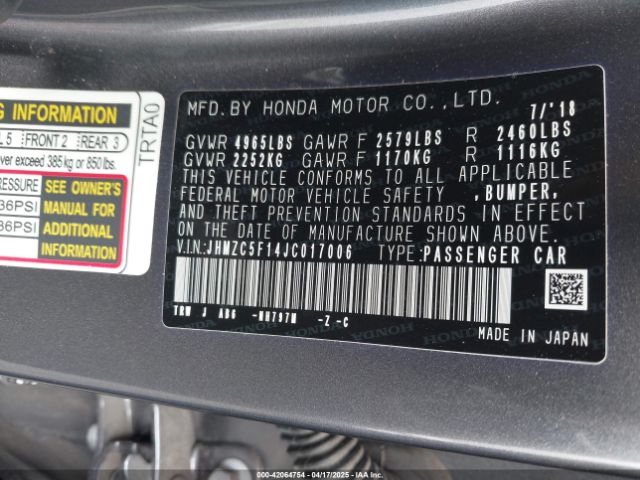 JHMZC5F14JC017006 Honda CLARITY PLUG-IN HYBRID