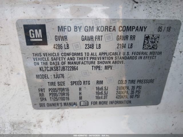 KL7CJKSB7JB722864 Chevrolet TRAX LS