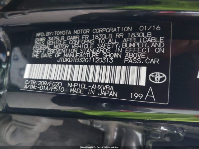 JTDKDTB32G1120313 Toyota Prius C Two