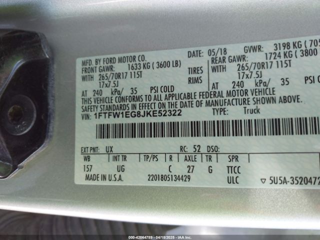 1FTFW1EG8JKE52322 Ford F-150 Xlt