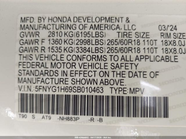 5FNYG1H69SB010463 Honda Pilot Trailsport