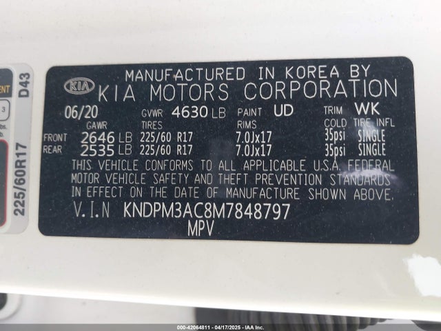 KNDPM3AC8M7848797 KIA Sportage Lx