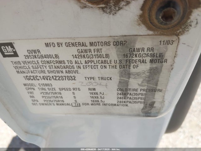 42064839 :رقم المزاد ، 1GCEC14V24Z207032 vin ، 2004 Chevrolet Silverado 1500 Work Truck مزاد بيع