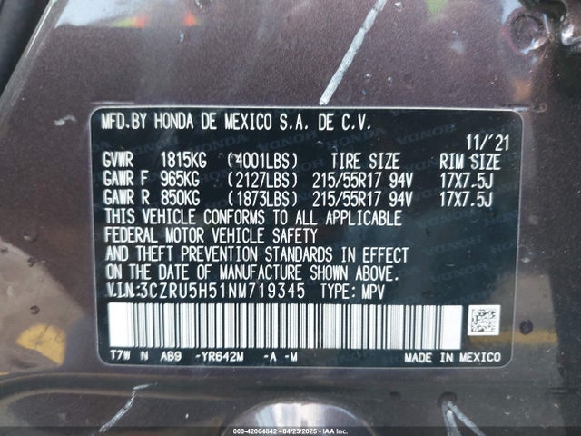 3CZRU5H51NM719345 Honda Hr-v 2wd Ex