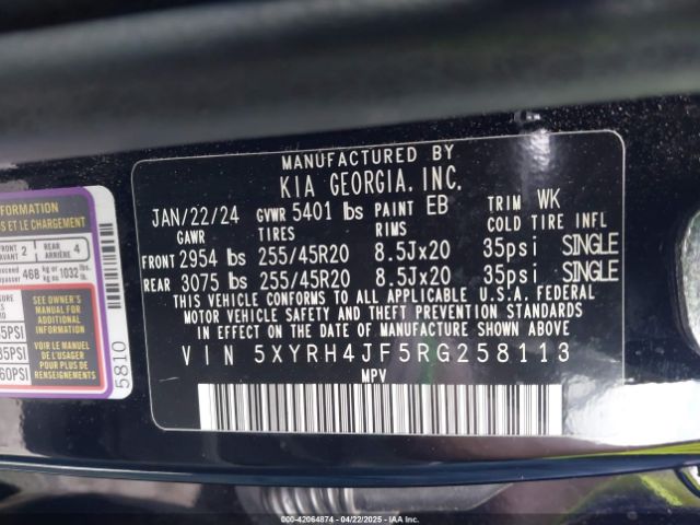 5XYRH4JF5RG258113 KIA SORENTO EX