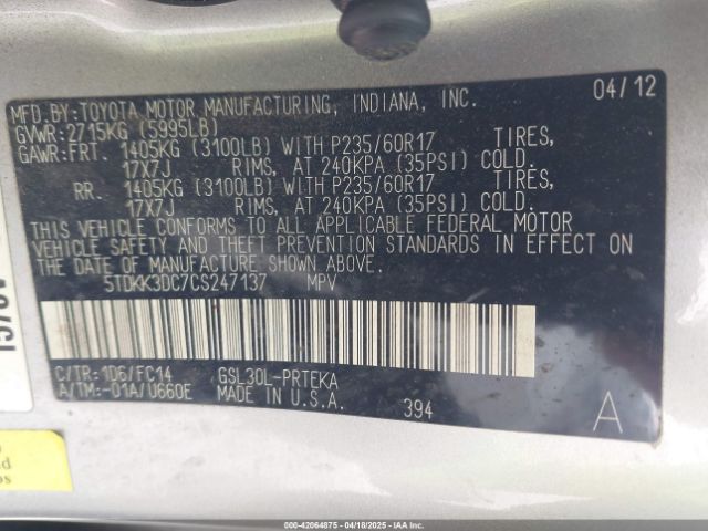 2012 TOYOTA SIENNA 5TDKK3DC7CS247137 Photo 8