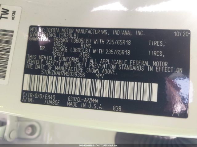 5TDHZRAH7MS039396 Toyota Highlander Xle