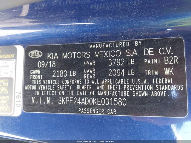 3KPF24AD0KE031580 KIA Forte Lxs