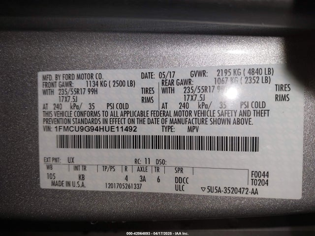 1FMCU9G94HUE11492 Ford ESCAPE SE