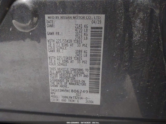 5N1AT2MV9KC806249 Nissan Rogue Sl
