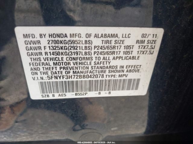 2011 HONDA PILOT 5FNYF3H72BB042078 Photo 8