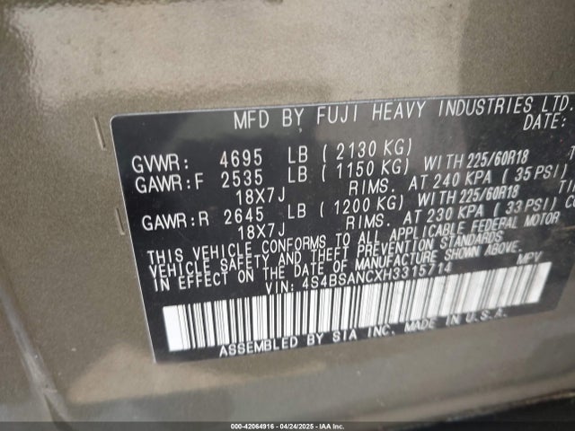 4S4BSANCXH3315714 Subaru Outback 2.5i Limited