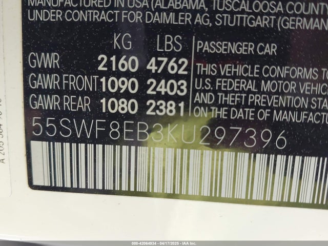 55SWF8EB3KU297396 Mercedes-Benz C 300 4matic