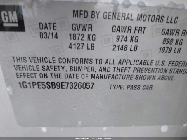 1G1PE5SB9E7326057 Chevrolet Cruze 2lt Auto