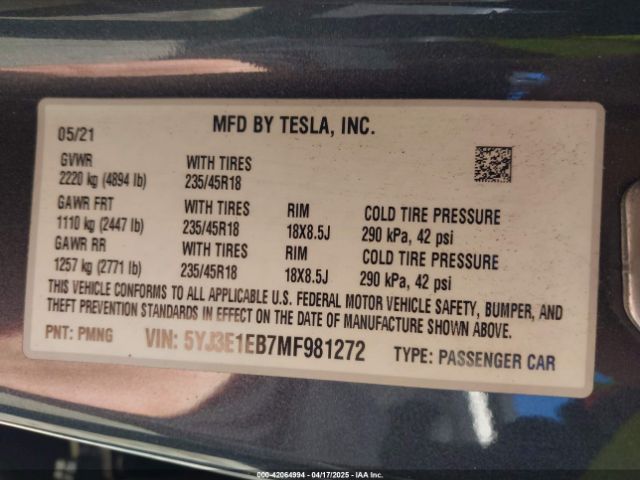 5YJ3E1EB7MF981272 Tesla 2021