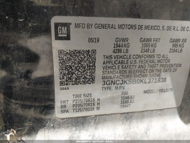 3GNCJKSB0KL371838 Chevrolet TRAX LS