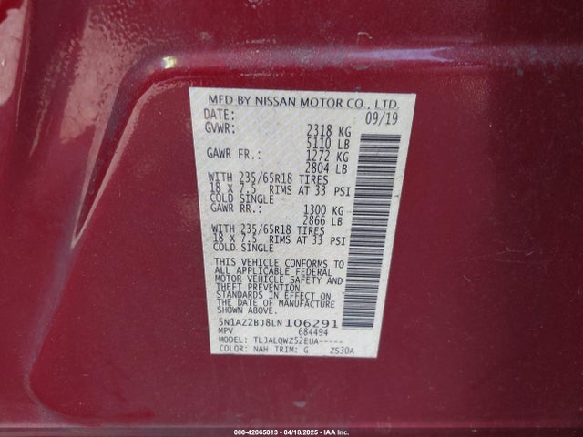 5N1AZ2BJ8LN106291 Nissan Murano Sv Fwd