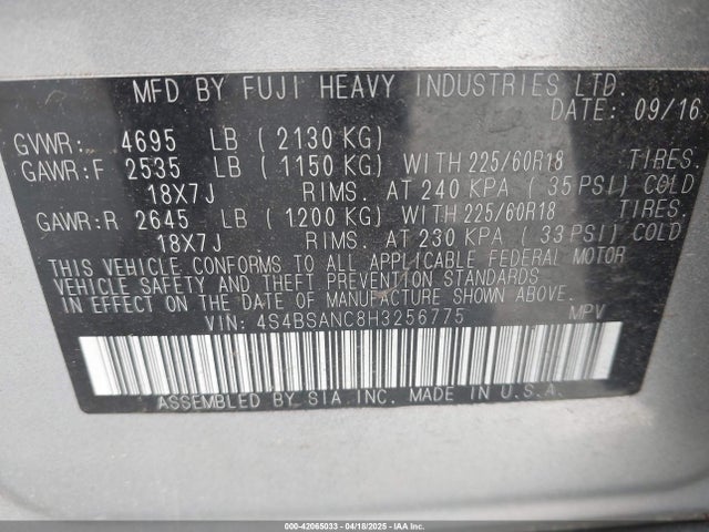 4S4BSANC8H3256775 Subaru Outback 2.5i Limited