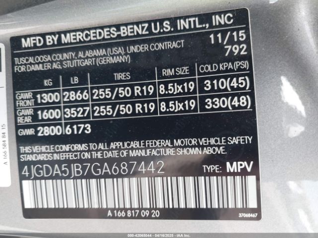 4JGDA5JB7GA687442 Mercedes-Benz GLE 350