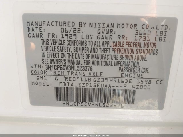 3N1CP5CV3NL523376 Nissan Kicks Sv Xtronic Cvt
