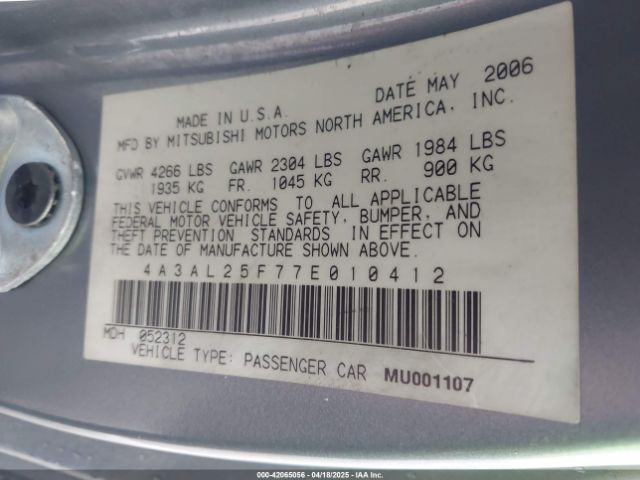 2007 MITSUBISHI ECLIPSE SPYDER 4A3AL25F77E010412 Photo 8