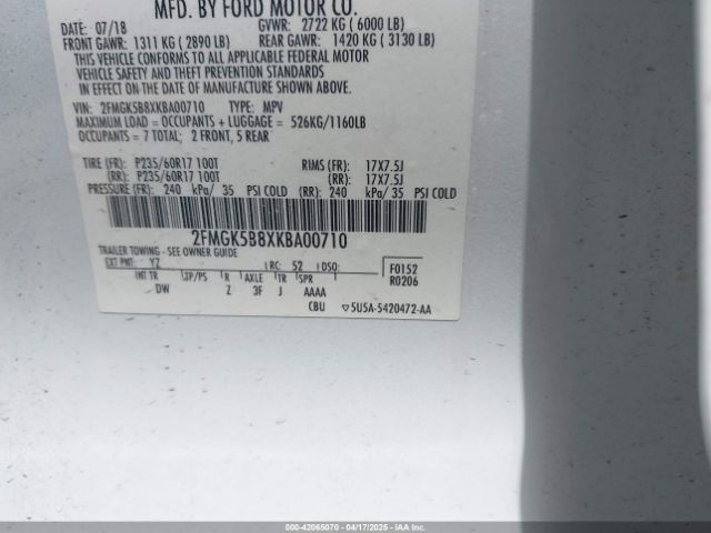 2FMGK5B8XKBA00710 Ford FLEX SE