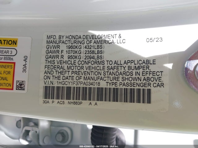 1HGCY1F37PA034018 Honda l15be