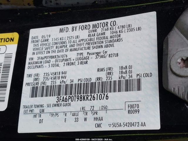 3FA6P0T98KR261076 Ford FUSION SE