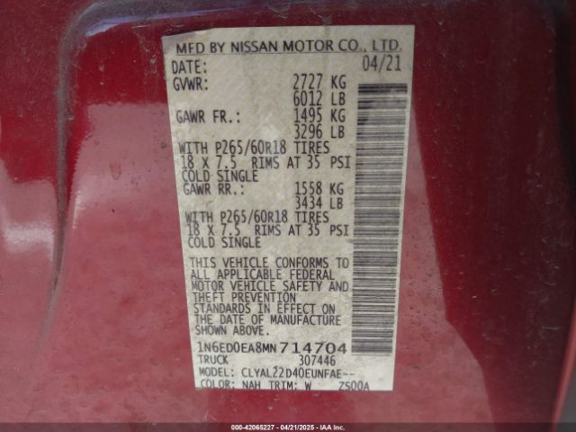 1N6ED0EA8MN714704 Nissan Frontier Sv 4x2