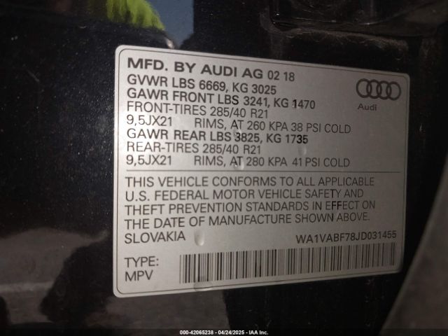 WA1VABF78JD031455 Audi Q7 3.0t Premium