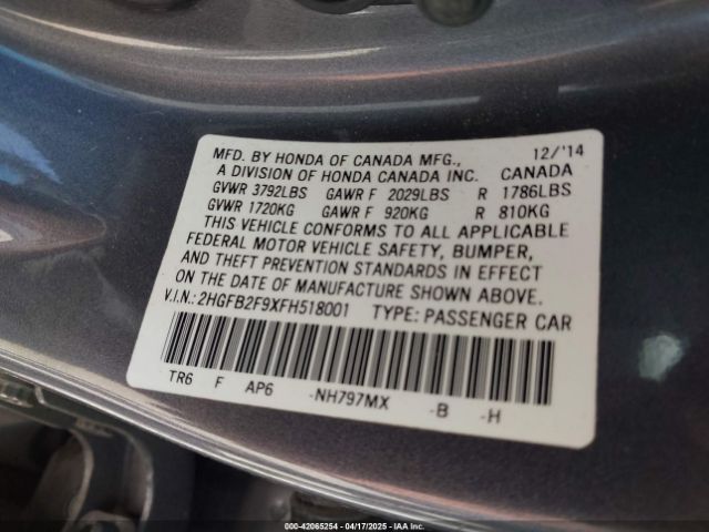 2HGFB2F9XFH518001 Honda Civic Ex-l