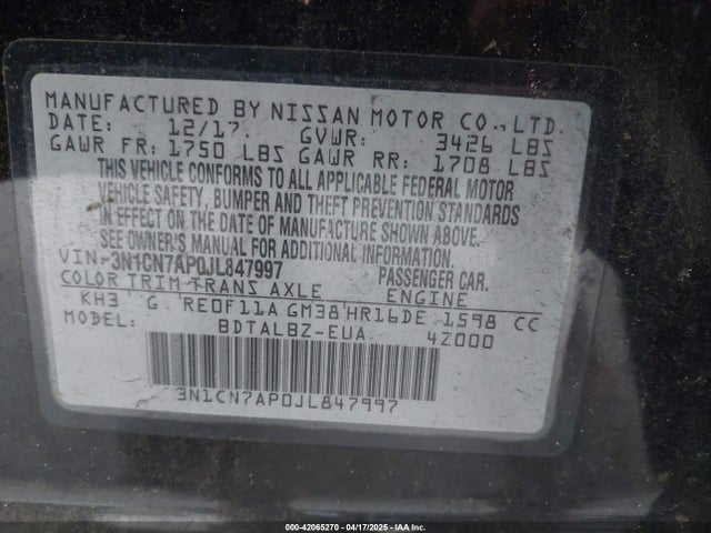 3N1CN7AP0JL847997 Nissan Versa 1.6 Sv