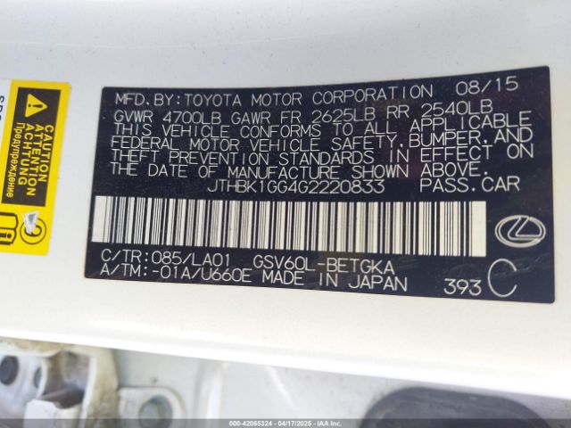 JTHBK1GG4G2220833 Lexus ES 350
