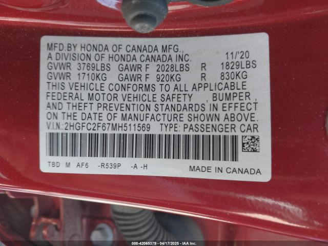 2021 HONDA CIVIC 2HGFC2F67MH511569 Photo 8