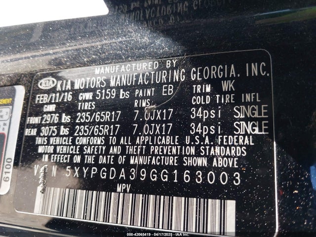 KIA dohc gdi theta ii 2016 5XYPGDA39GG163003 Image 9