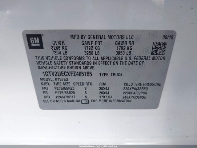 1GTV2UECXFZ405765 GMC Sierra 1500 Sle
