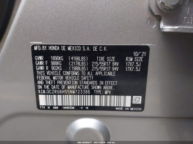 3CZRU6H55NM723386 Honda Hr-v Awd Ex