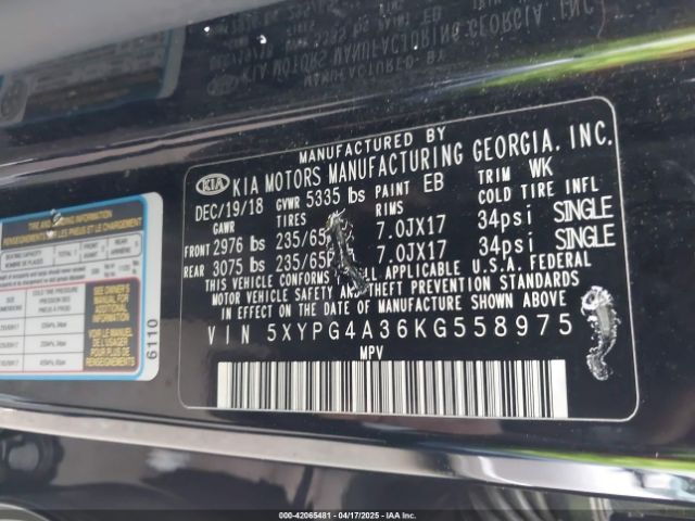 5XYPG4A36KG558975 KIA Sorento 2.4l Lx