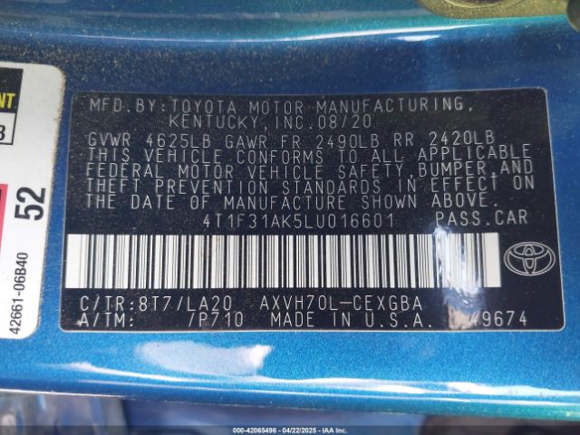 4T1F31AK5LU016601 Toyota Camry Xle Hybrid