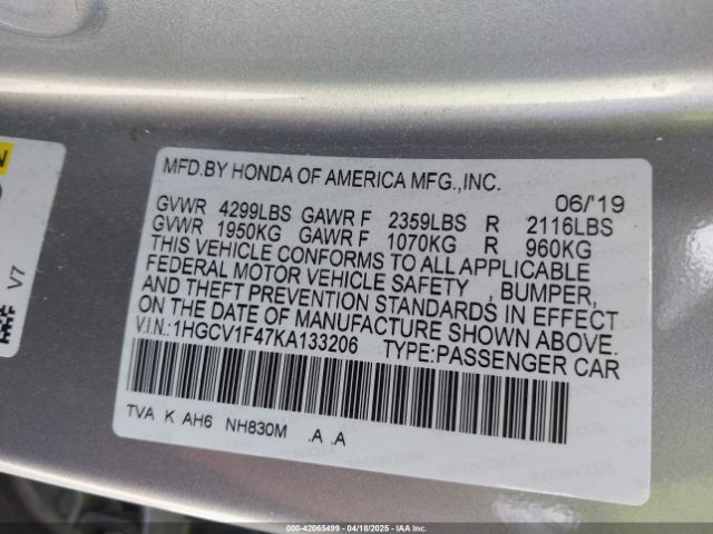 1HGCV1F47KA133206 Honda ACCORD EX