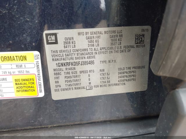 1GNKRFKD5FJ389486 Chevrolet Traverse Ls