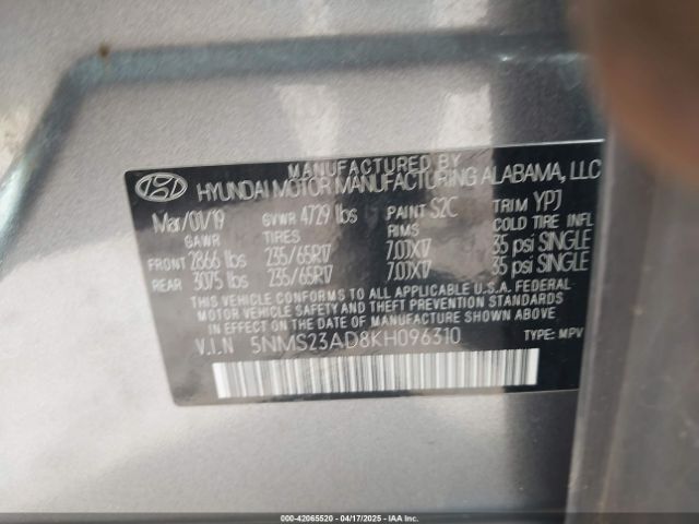 5NMS23AD8KH096310 Hyundai Santa Fe Se